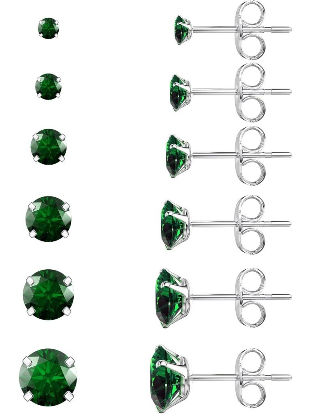 Women's 6 Pairs Green 3-8mm Hypoallergenic Stainless Steel Stud Earrings Set